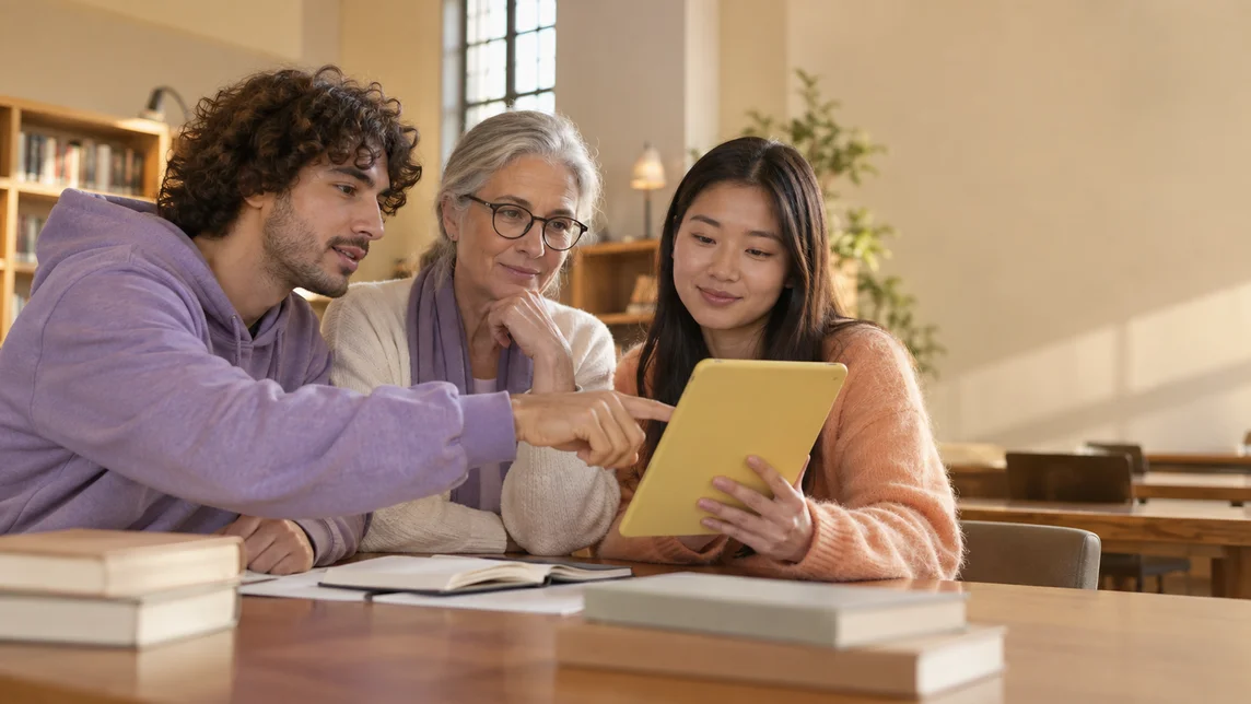 Illustrative image of three anonymous adults examining a tablet in a reading room